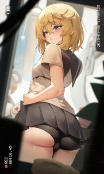 ass bike_shorts blonde_hair blue_eyes breasts bridget_(guilty_gear) bulge cuffs from_behind guilty_gear guilty_gear_strive handcuffs hidden_camera looking_down medium_hair recording roger_(guilty_gear) sailor_collar shirt skirt small_breasts sweatdrop thighs undressing