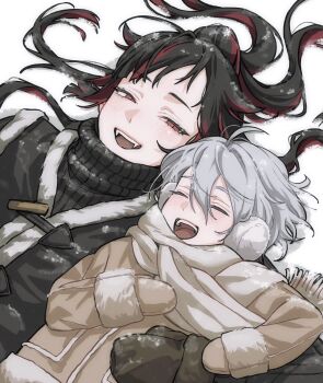 2boys :d aged_down ahoge arm_around_back black_hair black_sweater blunt_ends blush brown_jacket brown_mittens brown_scarf child closed_eyes commentary_request earmuffs fangs father_and_son fringe_trim fur-trimmed_jacket fur-trimmed_vest fur_trim grey_hair grin hair_between_eyes hair_spread_out hand_on_another's_arm hand_on_another's_stomach hand_on_own_chest high_ponytail highres jacket lilia_vanrouge lilia_vanrouge_(general's_armor) long_hair long_sleeves looking_at_another lying male_focus mittens multicolored_hair multiple_boys narrowed_eyes nose_blush on_back on_ground open_mouth outdoors pale_skin parted_bangs ponytail raised_eyebrows red_eyes red_streaks ribbed_sweater scarf short_hair side-by-side sideways_glance silver_vanrouge slit_pupils smile snow streaked_hair sweater toggles turtleneck turtleneck_sweater twisted_wonderland udonh upper_body vest winter_clothes