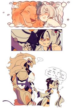 ... 1boy 1girl aqua_nails arrow_(symbol) banyue_(zenless_zone_zero) bare_shoulders black_hair blush braid braided_twintails china_dress chinese_clothes closed_eyes clothed_robot clothes_around_waist detached_sleeves dialyn_(zenless_zone_zero) double_bun dreaming dress earrings english_text from_side grey_hair hair_bun hair_extensions hair_ornament hairclip hand_on_another&#039;s_chest hashtag-only_commentary highres hug humanoid_robot jewelry lion long_hair mechanical_hands metal_skin multicolored_hair multicolored_nails necktie open_mouth panda_hair_ornament papertrlck red_nails ring_hair_extensions robot robot_boy simple_background speech_bubble split-color_hair spoken_ellipsis white_background white_dress white_hair yellow_eyes yellow_necktie zenless_zone_zero