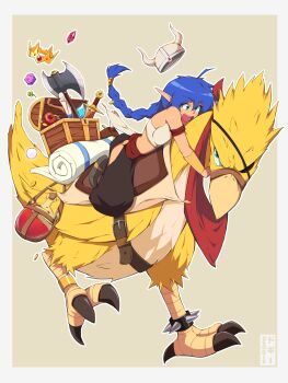 1girl absurdres apple artist_name axe battle_axe bird blue_eyes blue_hair commentary deogie dice english_commentary eyepatch fake_horns feathers food fruit gem helmet highres horned_helmet horns long_hair original pointy_ears polyhedral_dice red_gemstone sword treasure_chest weapon yellow_feathers