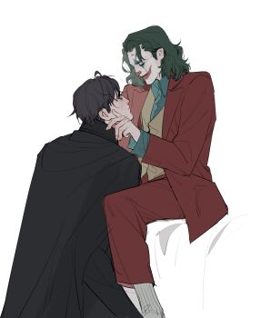 2boys arthur_fleck batman batman_(series) black_cape black_eyeshadow black_hair cape chinese_commentary clown_makeup commentary_request dc_comics eye_contact eyeshadow facepaint green_hair green_shirt hand_on_another's_cheek hand_on_another's_face highres ianer jacket joker_(2019) kneeling long_sleeves looking_at_another makeup male_focus medium_hair multiple_boys open_clothes open_jacket pants red_jacket red_pants shirt short_hair simple_background sitting socks the_batman_(2022) vest white_background white_facepaint white_socks yaoi yellow_vest