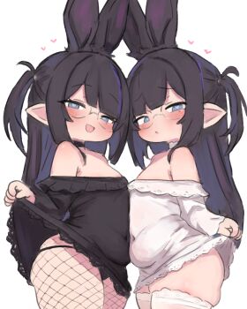 2girls animal_ears bare_shoulders belly black_dress black_hair black_panties blue_eyes blush choker clothes_lift covered_navel dress dress_lift final_fantasy final_fantasy_xiv fishnet_pantyhose fishnet_thighhighs fishnets flat_chest from_side glasses heart heart-shaped_pupils highres lalafell lifting_own_clothes loli long_hair long_sleeves looking_at_viewer multicolored_hair multiple_girls off_shoulder open_mouth panties pantyhose plump pointy_ears purple_hair rabbit_ears sa_ka_(sakanoya) simple_background smile symbol-shaped_pupils thighhighs two_side_up underwear white_background white_dress white_thighhighs