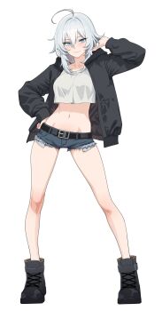 1girl ahoge belt black_boots black_jacket blue_eyes boots commentary cutoffs denim denim_shorts english_commentary full_body hand_on_own_hip highres jacket kuso_otoko medium_hair midriff open_clothes open_jacket original shorts simple_background solo white_background white_hair