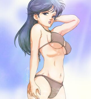 1girl arm_behind_head ayukawa_madoka bikini blue_eyes blue_hair breasts brown_bikini from_side hair_behind_ear highres kimagure_orange_road kujira_gunsou long_hair looking_at_viewer looking_down medium_breasts navel parted_lips solo swimsuit