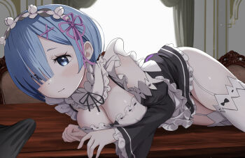 1boy 1girl absurdres black_ribbon blue_eyes blue_hair breasts bulge detached_sleeves garter_straps gibun_(sozoshu) hair_ornament hair_over_one_eye hair_ribbon highres indoors looking_at_viewer maid maid_headdress medium_breasts neck_ribbon on_table pink_ribbon re:zero_kara_hajimeru_isekai_seikatsu rem_(re:zero) ribbon roswaal_mansion_maid_uniform short_hair solo table thighhighs variant_set white_garter_straps white_thighhighs x_hair_ornament