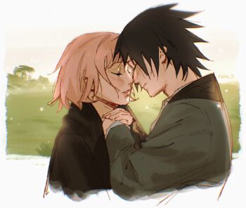 1boy 1girl alternate_universe black_hair black_jacket blush closed_eyes couple gelley_j0 grey_jacket haruno_sakura hetero highres holding_hands imminent_kiss jacket naruto_(series) outdoors parted_bangs parted_lips pink_hair pride_and_prejudice twitter_username uchiha_sasuke upper_body