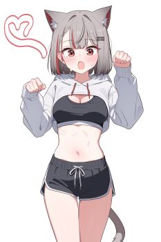 Rule 34 | 1girl, :o, absurdres, animal ear fluff, animal ears, black shirt, black shorts, breasts, cat ears, cat girl, cat tail, cleavage, commentary request, cowboy shot, crop top, cropped hoodie, dolphin shorts, drawstring, ear piercing, earrings, extra ears, grey hair, hair ornament, hairclip, hands up, heart, highres, hood, hood down, hoodie, jewelry, korean commentary, long sleeves, looking at viewer, medium breasts, midriff, multicolored hair, navel, neneko mashiro, open mouth, paw pose, piercing, red eyes, saho 4545, shirt, short hair, short shorts, shorts, simple background, solo, standing, stellive, stomach, streaked hair, sweat, tail, thigh gap, thighs, virtual youtuber, white background, white hoodie