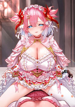 Rule 34 | 2girls, absurdres, black gloves, blue eyes, blush, breasts, bright pupils, chichiri, cleavage, clothes lift, commentary, dress, dress lift, female pov, frilled dress, frills, gloves, gradient hair, granblue fantasy, highres, large breasts, leon v, lifting own clothes, medium breasts, multicolored hair, multiple girls, panties, pink dress, pink hair, pov, single glove, single thighhigh, smile, symbol-only commentary, thighhighs, underwear, white hair, white panties, white pupils, white thighhighs, yuri