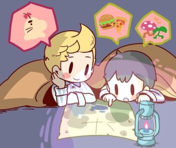 2boys black_hair burger child doseisan food hat lucas_(mother_3) lying male_focus map mother_(series) mother_2 mother_3 multiple_boys mushroom ness_(mother_2) nintendo ohana_sunflower pizza plan planning sleepover source_request super_smash_bros.