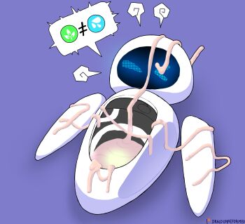 1girl absurdres angry blue_background blue_eyes bukkake commentary cum cum_on_body cum_overflow english_commentary english_text eve_(wall-e) excessive_cum facial glowing glowing_eyes highres mechabare puff_of_air rayman_limbs robot robot_girl science_fiction screen simple_background speech_bubble spoken_symbol wall-e wmdracorex