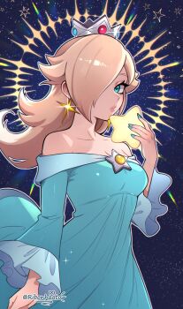 absurdres bare_shoulders blonde_hair blue_dress blue_eyes blue_nails brooch closed_mouth crown dress earrings eyelashes hair_over_one_eye highres holding holding_star jewelry long_hair long_sleeves looking_at_viewer mario_(series) nintendo off-shoulder_dress off_shoulder ribonhaato rosalina space star_(symbol) star_brooch star_earrings twitter_username