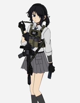 1girl akkola ammunition_pouch anger_vein assault_rifle black_choker black_eyes black_gloves black_hair black_socks blue_necktie body_cam bulletproof_vest choker closed_mouth commentary english_commentary feet_out_of_frame gloves grey_skirt gun highres holding holding_phone holding_strap load_bearing_vest looking_to_the_side magazine_(weapon) necktie optical_sight original phone pleated_skirt ponytail pouch rifle school_uniform shirt short_hair short_ponytail simple_background skirt socks solo strap tactical_school_uniform weapon white_background white_shirt