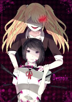 2girls absurdres arms_around_shoulders blade_to_throat bleeding blonde_hair blood blood_from_mouth blood_in_hair blood_on_breasts blood_on_clothes blood_on_face blood_on_hand blood_on_hands blood_on_neck blood_splatter bloody_knife bloody_weapon collarbone collared_shirt crying danganronpa:_trigger_happy_havoc danganronpa_(series) english_text enoshima_junko green_eyes hand_on_shoulder hatsuki_shouji hidden_eyes highres holding_another's_arm ikusaba_mukuro impaled knife long_hair looking_at_viewer medium_hair multiple_girls neck_ribbon open_mouth patterned_background pink_blood pink_lips pink_skull polearm red_ribbon ribbon shirt siblings simple_background sisters skull skull_print spear tears teeth twins twintails watermark weapon