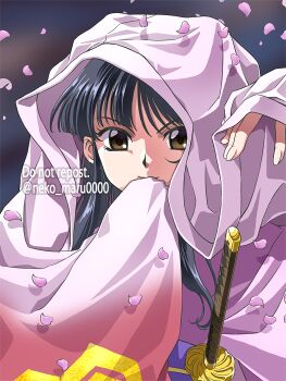1girl blue_hair breasts brown_eyes cherry_blossoms covering_mouth hand_on_mouth highres japanese_clothes long_hair looking_at_viewer medium_breasts ribbon sakura_taisen sega shinguuji_sakura smile solo sword weapon