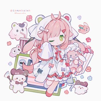 1girl antenna_hair asymmetrical_footwear blunt_bangs chibi chibi_only closed_mouth commission dress frilled_dress frills full_body green_eyes hands_up headscarf highres kanae_(cookie) long_hair long_sleeves looking_at_viewer mismatched_footwear one_eye_closed original pink_hair red_shoes shoes simple_background sleeves_past_fingers sleeves_past_wrists solo standing standing_on_one_leg stuffed_animal stuffed_rabbit stuffed_toy twitter_username white_background white_headscarf white_shoes