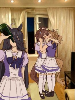 3girls agnes_tachyon_(umamusume) ahoge animal_ears arm_around_neck arm_up black_hair black_shoes blush bottle bow bowtie braid brown_hair chair chemical_structure curtains drinking ear_ornament earrings foxszns grey_hair hair_between_eyes half_up_half_down_braid hand_on_another&#039;s_face hand_up highres holding holding_bottle horse_ears horse_girl horse_tail jewelry jungle_pocket_(umamusume) kiss long_bangs long_hair long_hair_between_eyes manhattan_cafe_(umamusume) medium_hair meme meme_request multicolored_hair multiple_girls notched_ear open_window photo_background pleated_skirt ponytail puffy_short_sleeves puffy_sleeves purple_bow purple_bowtie purple_sailor_collar purple_shirt sailor_collar school_uniform shirt shirt_tucked_in shoes short_ponytail short_sleeves single_earring skirt standing table tail tracen_school_uniform umamusume very_long_hair white_skirt window wine_bottle yuri
