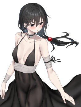 1girl bandaged_arm bandaged_neck bandaged_waist bandages bare_shoulders black_dress black_eyes black_hair blush breasts collarbone commentary_request dress floating_hair hair_between_eyes highres long_hair original parted_lips piripun simple_background sleeveless sleeveless_dress small_breasts solo white_background