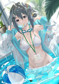 1girl absurdres arknights ball beachball bikini bird_girl black_eyes black_hair breasts chinese_commentary commentary_request feather_hair goggles goggles_around_neck highres id_card jacket la_pluma_(arknights) la_pluma_(summer_flowers)_(arknights) large_breasts looking_at_viewer official_alternate_costume pool qiannai_live short_hair solo stomach swimsuit two-sided_fabric two-sided_jacket wet whistle_in_mouth white_bikini