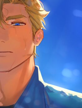 1boy absurdres blonde_hair blue_eyes blue_sky day gamti0 highres lewis_smith looking_at_viewer male_focus portrait short_hair sky solo split_screen sweat yuuki_bakuhatsu_bang_bravern