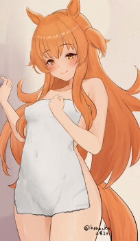 1girl absurdres animal_ears commentary_request highres honoaka horse_ears horse_girl horse_tail mayano_top_gun_(umamusume) naked_towel orange_hair solo tail towel umamusume