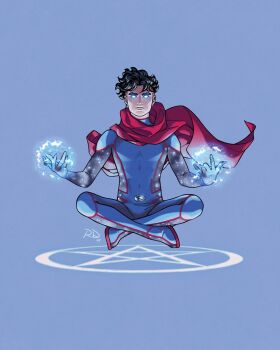 1boy billy_maximoff black_hair blue_background blue_bodysuit bodysuit cape commentary earrings english_commentary full_body glowing glowing_eyes indian_style jewelry magic male_focus marvel official_art pentagram red_cape russell_dauterman short_hair sitting solo superhero_costume western_comics_(style) wiccan young_avengers