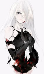 Rule 34 | 1girl, a2 (nier:automata), black dress, black gloves, blood, blood on arm, blood on face, breasts, closed mouth, commentary, dress, expressionless, gloves, grey background, grey eyes, hair between eyes, hair over one eye, highres, lips, long bangs, long hair, looking at viewer, medium breasts, nier:automata, nier (series), simple background, sleeveless, sleeveless dress, solo, tugmix, upper body, white hair