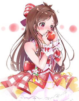 Rule 34 | 1girl, antenna hair, apple, averting eyes, bare shoulders, blush, bow, bowtie, brown hair, collarbone, dress, flying sweatdrops, food, frilled dress, frills, fruit, hair ribbon, hands up, highres, holding, holding food, holding fruit, idolmaster, idolmaster cinderella girls, idolmaster cinderella girls starlight stage, layered dress, long hair, plaid clothes, plaid dress, red bow, red bowtie, red dress, red ribbon, ribbon, sash, scrunchie, simple background, sleeveless, sleeveless dress, solo, tears, tsujino akari, white background, yuanagae