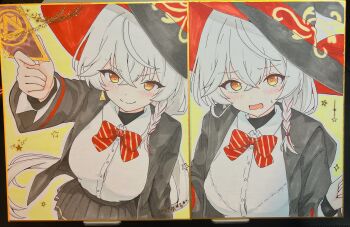 >:) 1girl absurdres arm_at_side black_hat black_skirt blue_archive blush bow bowtie braid breasts closed_mouth collared_shirt commentary cowboy_shot crossed_bangs diagonal-striped_bow diagonal-striped_bowtie diagonal-striped_clothes dress_shirt earrings eri_(blue_archive) floating_hair grey_hair hair_between_eyes halo hat hat_ribbon highres jewelry kurumi_kororin large_breasts long_hair long_sleeves looking_at_viewer low_ponytail miniskirt multiple_views open_mouth orange_eyes outline outstretched_arm photo_(medium) pleated_skirt ponytail red_bow red_bowtie red_ribbon ribbon school_uniform shikishi shirt simple_background single_braid single_earring skirt smile smug split_mouth star_(symbol) striped_bow striped_bowtie striped_clothes sweatdrop upper_body v-shaped_eyebrows very_long_hair wavy_mouth white_outline white_shirt wide_sleeves witch_hat yellow_background yellow_halo