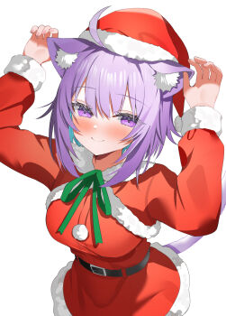1girl aa44 ahoge alternate_costume animal_ears belt black_belt blush breasts cat_ears cat_girl cat_tail christmas closed_mouth commentary_request hat highres hololive large_breasts long_sleeves looking_at_viewer nekomata_okayu purple_eyes purple_hair red_hat santa_costume santa_hat short_hair simple_background smile solo tail virtual_youtuber white_background