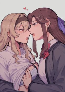2girls after_kiss black_hairband blonde_hair blue_bra blush bow bowtie bra breasts brown_hair chinese_commentary clothes_lift collared_shirt commentary_request face-to-face fang floral_print from_side grabbing_another&#039;s_breast grey_background grey_jacket groping hair_between_eyes hair_bow hair_ornament hairband half-closed_eyes hand_on_another&#039;s_arm hands_up heart highres jacket long_hair long_sleeves looking_at_another medium_breasts multiple_girls off_shoulder open_clothes open_jacket open_mouth parted_bangs pink_eyes print_bra profile purple_bow purple_eyes raised_eyebrows red_bow red_bowtie rickonrk saijou_claudine saliva saliva_trail school_uniform seishou_music_academy_uniform shirt shirt_lift shoujo_kageki_revue_starlight sidelocks simple_background sweatdrop teeth tendou_maya underwear upper_body upper_teeth_only white_shirt x_hair_ornament yuri
