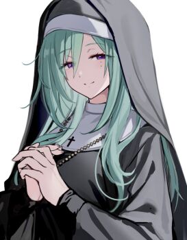 1girl bead_necklace beads black_dress black_sleeves blush closed_mouth cross cross_necklace dress ensemble_stars! genderswap genderswap_(mtf) green_hair hair_between_eyes interlocked_fingers jewelry kazehaya_tatsumi long_hair long_sleeves looking_at_viewer mole mole_under_eye multiple_moles necklace nun own_hands_clasped own_hands_together purple_eyes simple_background smile solo traditional_nun tsmkwa upper_body white_background
