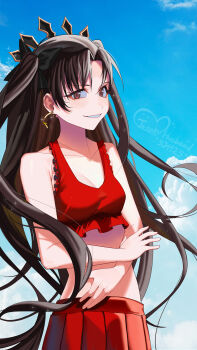 bikini black_hair breasts commentary_request earrings fate/grand_order fate_(series) highres hoop_earrings ishtar_(fate) ishtar_(over_the_same_sky)_(fate) jewelry long_hair medium_breasts red_eyes red_skirt skirt swimsuit two_side_up