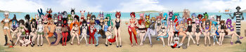 Rule 34 | 1boy, 6+girls, :d, @ @, absurdres, animal ears, bad deviantart id, bad id, beach, bench, bikini, black bikini, black choker, black male swimwear, black sclera, blue eyes, blue hair, blue sky, blush, braid, breasts, cat ears, cat tail, cece (cece vr), character request, choker, cleavage, cleavage cutout, closed eyes, closed mouth, clothing cutout, colored sclera, colored skin, commentary, commission, contrapposto, dark-skinned female, dark skin, day, fang, fins, flat chest, fox ears, fox tail, gradient hair, green bikini, green eyes, green hair, green male swimwear, green shorts, green skin, green swim trunks, grey hair, grey skin, grin, hair bun, hair over eyes, halo, hat, head fins, headpat, heterochromia, high heels, highres, holding, holding tray, horizon, horns, incredibly absurdres, lamia, large breasts, leech queen (matilda fiship), long hair, long image, looking at viewer, male swimwear, matilda fiship, medium breasts, monster girl, multicolored hair, multicolored male swimwear, multiple girls, navel, ocean, old-fashioned swimsuit, one-piece swimsuit, one eye closed, open mouth, orange male swimwear, orange swim trunks, original, pink eyes, pink hair, pink skin, pointy ears, ponytail, print male swimwear, print one-piece swimsuit, print swimsuit, prosthesis, prosthetic leg, purple eyes, red eyes, red skin, robot, sand, sandals, scales, shoes, short shorts, shorts, single hair bun, sitting, sky, sling bikini top, smile, striped male swimwear, sunglasses, swim trunks, swimsuit, tail, tank top, tattoo, tray, triangle cutout, vrchat, white bikini, white eyes, white hair, white male swimwear, wide image, witch hat, wristband, yellow eyes