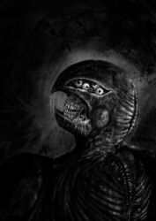 1boy absurdres berserk commentary demon drooling eldritch_abomination english_commentary extra_eyes femto_(berserk) greyscale griffith_(berserk) helmet highres horror_(theme) looking_at_viewer monochrome monster open_mouth ribs saliva sharp_teeth solo teeth vorxart