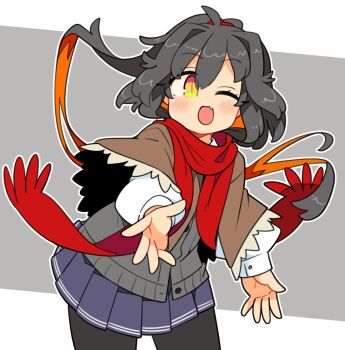 1girl :d black_hair black_pantyhose blue_skirt blush brown_capelet brown_scarf capelet cardigan commentary cowboy_shot double-parted_bangs fang grey_cardigan hair_between_eyes ini_(inunabe00) long_hair long_sleeves looking_at_viewer miniskirt multicolored_hair open_mouth orange_hair original outstretched_arm pantyhose pleated_skirt scarf shirt skin_fang skirt smile solo takibi_(ini_(inunabe00)) two-tone_hair white_shirt yellow_eyes