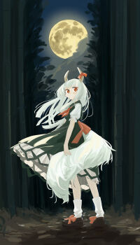 Rule 34 | 1girl, ankle socks, bamboo, bamboo forest, black shoes, bow, cloud, cloudy sky, commentary request, dress, ex-keine, floating hair, footwear ribbon, forest, full moon, green dress, green hair, highres, horn bow, horn ornament, horn ribbon, horns, imperishable night, kamishirasawa keine, long hair, looking at viewer, looking back, moon, nature, red eyes, ribbon, shoes, sky, socks, solo, tail, tomachina, touhou, white socks