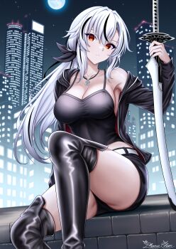 1girl absurdres alternate_costume black_skirt blush breasts closed_mouth eydis_(sao) hair_between_eyes highres holding holding_sword holding_weapon long_hair multicolored_hair phanuchan red_eyes skirt solo sword sword_art_online two-tone_hair very_long_hair weapon white_hair