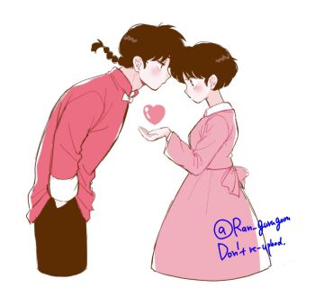 Rule 34 | 1boy, 1girl, black hair, black pants, blush, braid, breasts, collared dress, cowboy shot, cropped legs, dress, hand in pocket, hetero, highres, long dress, looking at another, medium breasts, pants, pink dress, pink shirt, ranma 1/2, saotome ranma, shirt, short hair, short hair with long locks, single braid, tendou akane, tori (runrunpiia), twitter username, white background