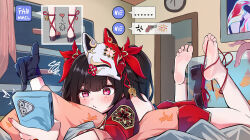 Rule 34 | 1girl, bare shoulders, barefoot, black hair, blush, cellphone, clock, detached sleeves, facial mark, fish tank, fox mask, gloves, highres, holding, holding phone, honkai: star rail, honkai (series), indoors, lying, mask, mask on head, on stomach, phone, pillow, pink nails, platform footwear, purple eyes, qiufengxiaose, single glove, smartphone, solo, sparkle (honkai: star rail), symbol-shaped pupils