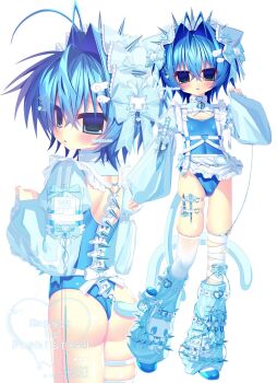 1boy 2000s_(style) :&lt; animal_ear_hairband animal_ears antenna_hair apron ass asymmetrical_legwear bandaged_leg bandages bell blood bloody_knife blue_blood blue_bow blue_eyes blue_hair blue_headdress blue_one-piece_swimsuit blush bow bulge cat_ear_hairband cat_ears cat_tail choker cleavage_cutout clothing_cutout crossdressing crossdressing_(mtf) crossed_bangs detached_collar fake_animal_ears faux_retro_artstyle fine_fabric_emphasis fingernails frilled_hairband frills hair_between_eyes hair_intakes hair_ornament hairband hairpin harness heart heart_o-ring highres intravenous_drip knife leg_warmers looking_at_viewer maid male_focus male_maid multiple_hairpins neck_bell o-ring o-ring_harness o-ring_thigh_strap one-piece_swimsuit original pill puffy_sleeves raised_inner_eyebrows sharp_fingernails single_thighhigh skindentation sleeves_past_wrists swimsuit swimsuit_costume tail thigh_strap thighhighs unconventional_maid waist_apron watashi_candy white_bow white_choker wing_hair_ornament wing_hairpin