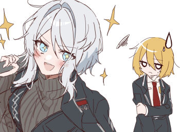 2girls black_coat black_vest blonde_hair blue_eyes blush body_switch brown_sweater coat coat_on_shoulders collared_shirt don_quixote_(project_moon) faust_(project_moon) highres kigurui_kkr lapels limbus_company long_sleeves multiple_girls necktie notched_lapels open_mouth personality_switch project_moon red_necktie ribbed_sweater shirt short_hair smile sparkling_eyes sweater v-shaped_eyebrows vest white_hair white_shirt