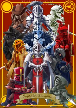 Rule 34 | armor, black armor, brown headwear, cape, character name, copyright name, dagger, daoine (heireann), dual wielding, dwight the king of steel, gauntlets, gold armor, hat, helmet, highres, holding, holding shield, holding sword, holding weapon, knife, looking at viewer, male focus, multiple boys, pixiv fantasia, pixiv fantasia 1, pixiv fantasia fallen kings, pixiv fantasia last saga, pixiv fantasia new world, pixiv fantasia revenge of the darkness, pixiv fantasia sword regalia, pixiv fantasia t, red armor, shield, simple background, standing, sword, weapon