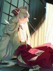 Rule 34 | 1girl, artist logo, bow, closed mouth, collared shirt, commentary request, feet out of frame, from side, fujiwara no mokou, hair bow, highres, long hair, long sleeves, mokoiscat, ofuda, ofuda on clothes, pants, porch, red bow, red eyes, red pants, shirt, sitting, sliding doors, solo, suspenders, touhou, veranda, very long hair, white bow, white hair, white shirt