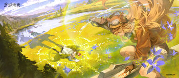 3girls absurdres animal_ear_headwear arm_up aviator_cap black_boots blonde_hair blue_eyes blue_flower blue_jacket blue_sky boots broom broom_riding brown_boots brown_gloves brown_hat brown_jacket brown_shorts chinese_commentary clipboard commentary_request copyright_name copyright_notice different_shadow drawing_(action) dress fake_animal_ears flower from_above gauntlets gloves grass grey_hair hair_ornament hat highres holding holding_canteen holding_pencil jacket lilya_(reverse:1999) logo long_hair lying marsha_(reverse:1999) mechanical_broom mountain multiple_girls official_art on_back on_stomach outdoors pants pencil red_hair reverse:1999 scenery sentinel_(reverse:1999) short_hair shorts sky the_pose tree water white_dress white_pants