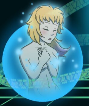 Rule 34 | 1girl, abnormallynice, ahoge, alternate universe, biomerge, blonde hair, blush, breasts, character request, clenched hand, closed eyes, collarbone, completely nude, convenient censoring, covering breasts, covering privates, digimon, digimon tamers, energy, expressionless, eyelashes, female focus, floating hair, fusion, gradient hair, groin, hands on own chest, hands up, long hair, matrix evolution, medium breasts, messy hair, multicolored hair, navel, neck, nude, open mouth, original, out-of-frame censoring, own hands together, sidelocks, stomach, third-party edit, topless female, topless frame, unworn clothes, upper body