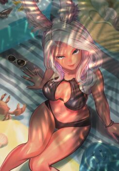 1girl adventurer_(ff14) animal_ear_fluff animal_ears bare_shoulders beach beach_towel bikini black_bikini bracelet breasts bunny_day cleavage closed_mouth crab dappled_sunlight feet_out_of_frame final_fantasy final_fantasy_xiv grey_eyes grey_hair highres jewelry long_hair medium_breasts midriff nail_polish navel palm_tree rabbit_ears rabbit_girl sand seashell shell smile solo sotti_kotti sunglasses sunlight swept_bangs swimsuit towel tree unworn_eyewear viera warrior_of_light_(ff14) white_nails