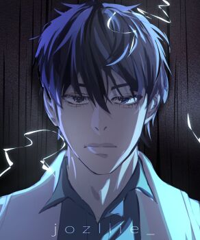 1boy :| aegyo_sal black_eyes black_hair black_shirt closed_mouth coat collared_shirt hair_between_eyes highres jozllie kim_dokja looking_at_viewer male_focus omniscient_reader&#039;s_viewpoint open_clothes open_coat portrait shirt short_hair sidelighting solo sparks straight-on unamused white_coat