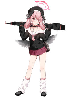 &gt;:( 1girl absurdres beret black_choker black_hat black_shirt black_shoes black_wings blue_archive blush choker closed_mouth collarbone commentary daoyan eyes_visible_through_hair feathered_wings frown full_body gun hair_between_eyes halo hands_up hat head_wings highres holding holding_gun holding_weapon kneehighs koharu_(blue_archive) long_sleeves looking_at_viewer loose_socks low_wings medium_hair miniskirt neckerchief over_shoulder pink_eyes pink_hair pink_neckerchief pleated_skirt red_halo red_skirt sailor_collar school_uniform serafuku shirt shoes simple_background single_bare_shoulder skirt socks solo split_mouth standing tachi-e twintails v-shaped_eyebrows weapon weapon_over_shoulder white_background white_sailor_collar white_socks winged_halo wings