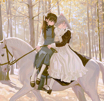 2girls animal_ears apron autumn autumn_leaves black_dress bridle brown_eyes brown_hair china_dress chinese_clothes closed_mouth commentary_request dress earrings extra_ears eyeball_bracelet_girl_(fkey) feiqizi_(fkey) fkey forest grey_dress grey_hair hair_ribbon hand_on_another's_neck highres horse horseback_riding jewelry leaf long_hair long_sleeves looking_at_another maid maid_apron multiple_girls nature original outdoors pankou pantyhose reins ribbon riding saddle_blanket shanghai_neckline shoes sleeve_cuffs stirrups_(riding) tree white_apron white_horse white_pantyhose white_ribbon