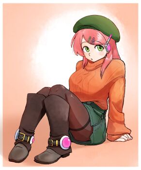 1girl alternate_costume beret blush_stickers boots border brown_boots brown_pantyhose green_eyes green_hat green_skirt hair_ornament hairclip hand_on_floor hat headphones highres looking_to_the_side momone_momo open_mouth orange_background orange_sweater pantyhose pink_hair saruyama_ushirou sitting skirt sleeves_past_wrists solo sweater utau white_border zipper_skirt